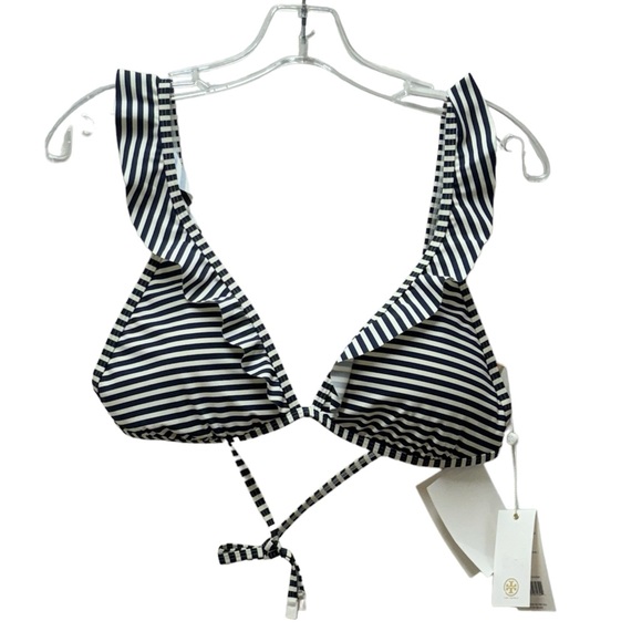 Tory Burch Navy Striped Ruffle Triangle Bikini Swim String Top Womens XL NEW